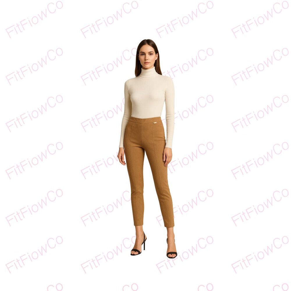 Halston Faux Suede Pull-On Pants M Camel – Gold Buckle Detail NWT
